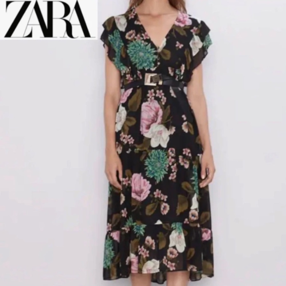 NWT Zara Tiered Ruffle Black Floral Midi Dress S
